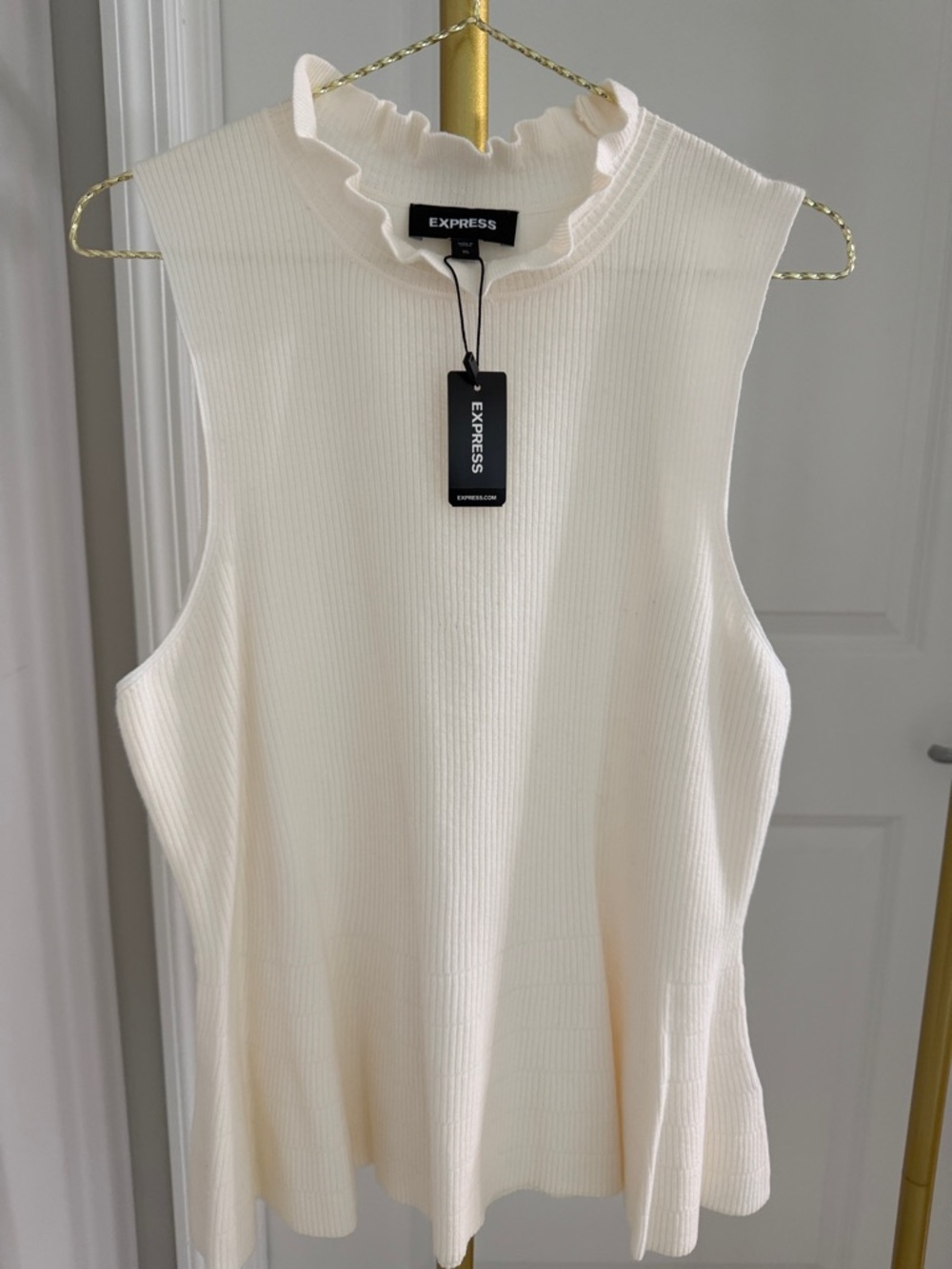 Express Cream Ribbed Ruffle Mock Neck Sleeveless Top